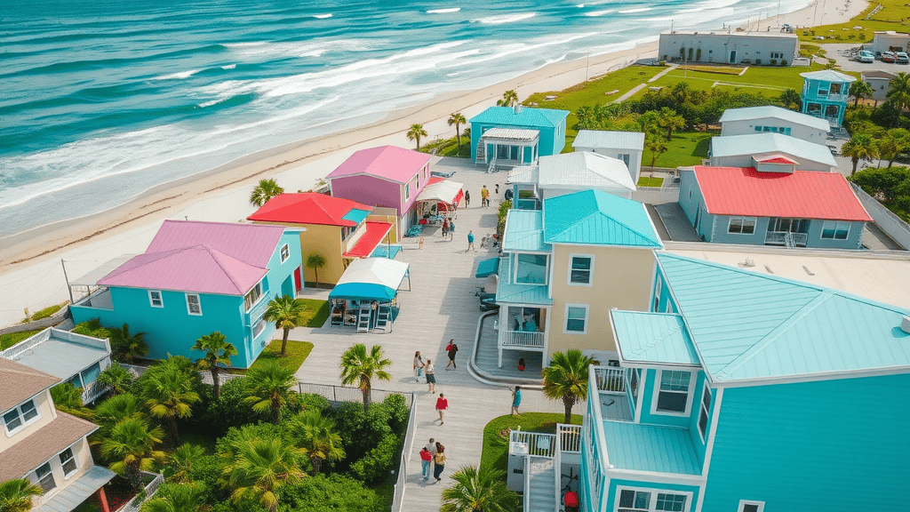 dynamic aerial view Alabama Florida Gulf Coast real estate aerial photography colorful beachfront properties boardwalks lush views
