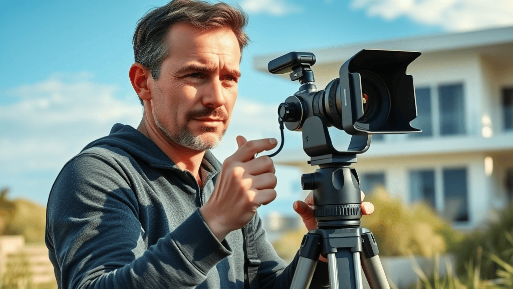 professional camera tripod real estate photographer at work Alabama Gulf Coast real estate photos scenic coastal home daylight blue sky