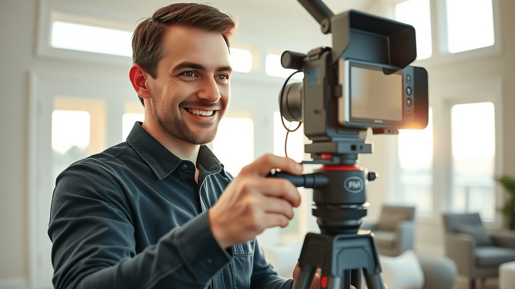 Matterport technician setting up a 3D camera for a virtual tour in a Gulf Coast home, preparing for real estate listing