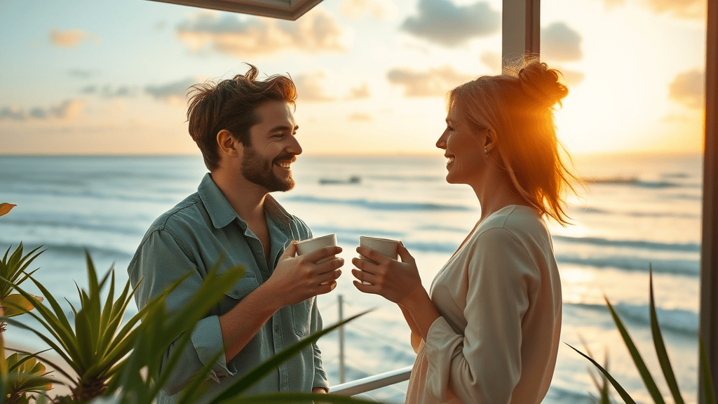 luxurious beachfront condo balcony Gulf Coast real estate young couple ocean sunrise ROI amenities Baldwin County