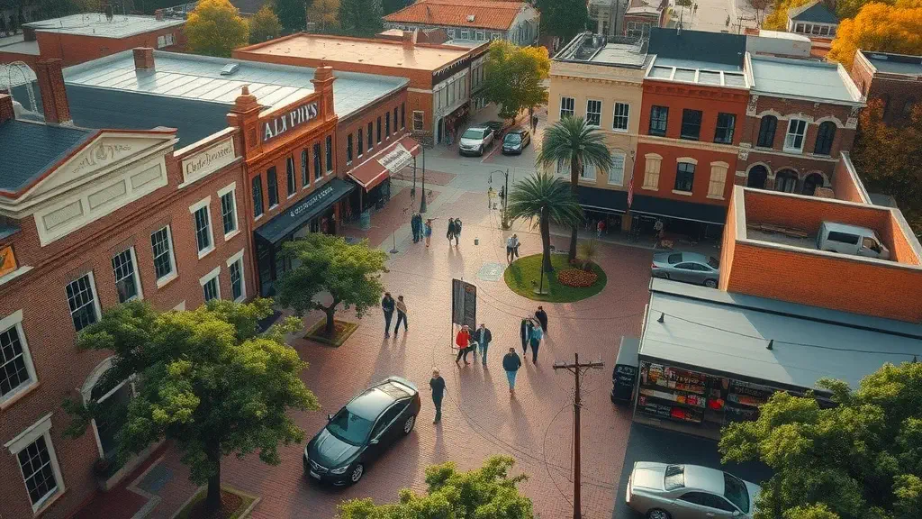 Atmospheric drone photo of a historic Alabama town square by Gulf Coast drone photographer
