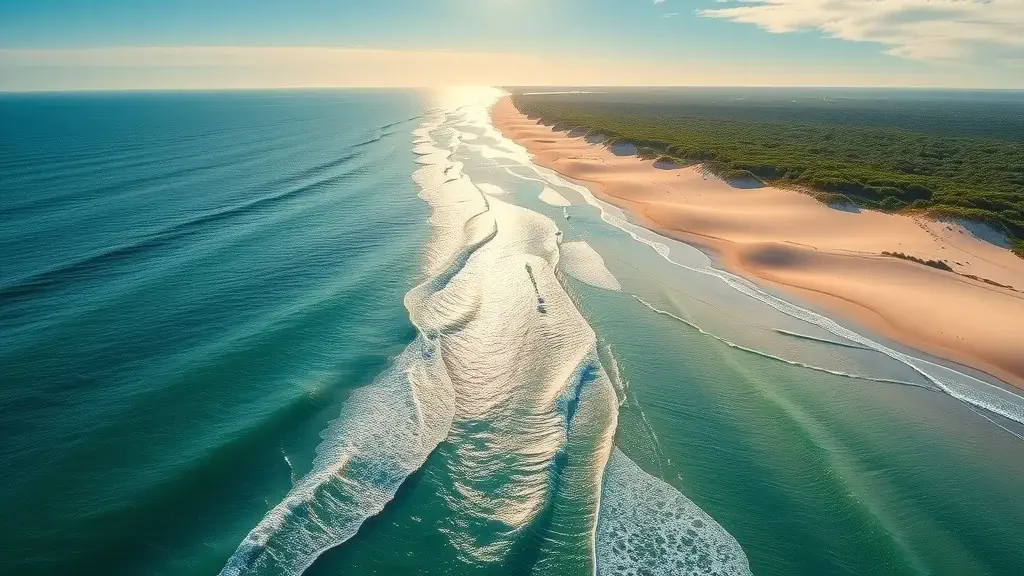 Secluded Gulf Coast beach captured by FPV drone showcasing clear water and lush green dunes
