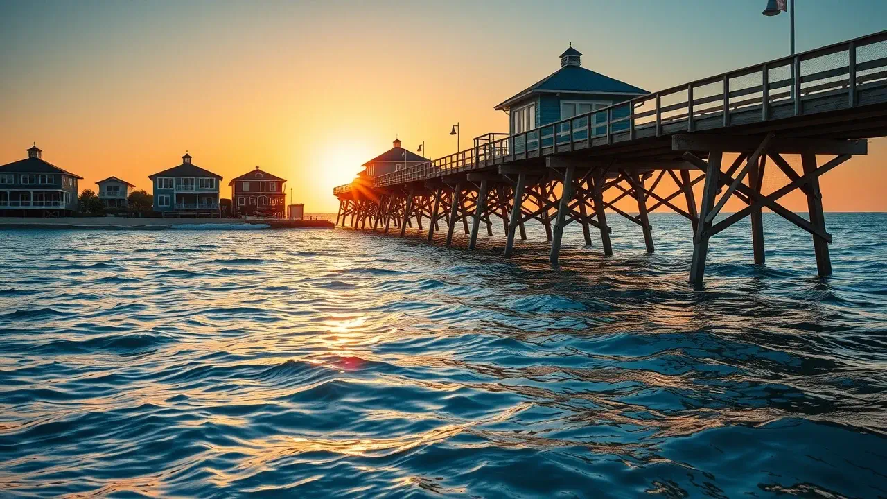 Dramatic sunset at Gulf State Park Pier, tranquil water, warm hues, golden hour, Alabama, twilight photography Dramatic sunset at Gulf State Park Pier, tranquil water, warm hues, golden hour, Alabama, twilight photography