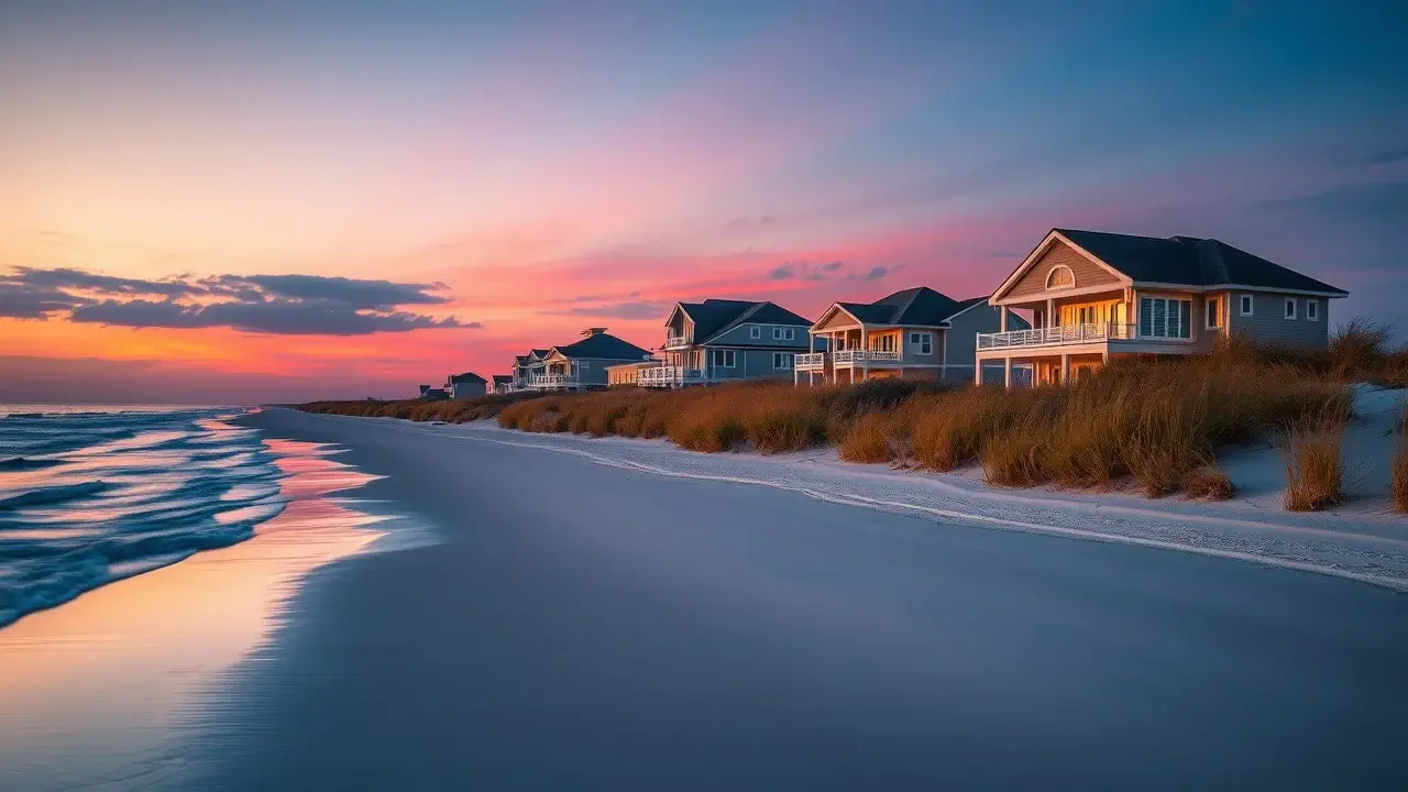 Hidden Gulf Coast beach at twilight, wide untouched shoreline, natural dunes, golden purple sky, beach photography Hidden Gulf Coast beach at twilight, wide untouched shoreline, natural dunes, golden purple sky, beach photography