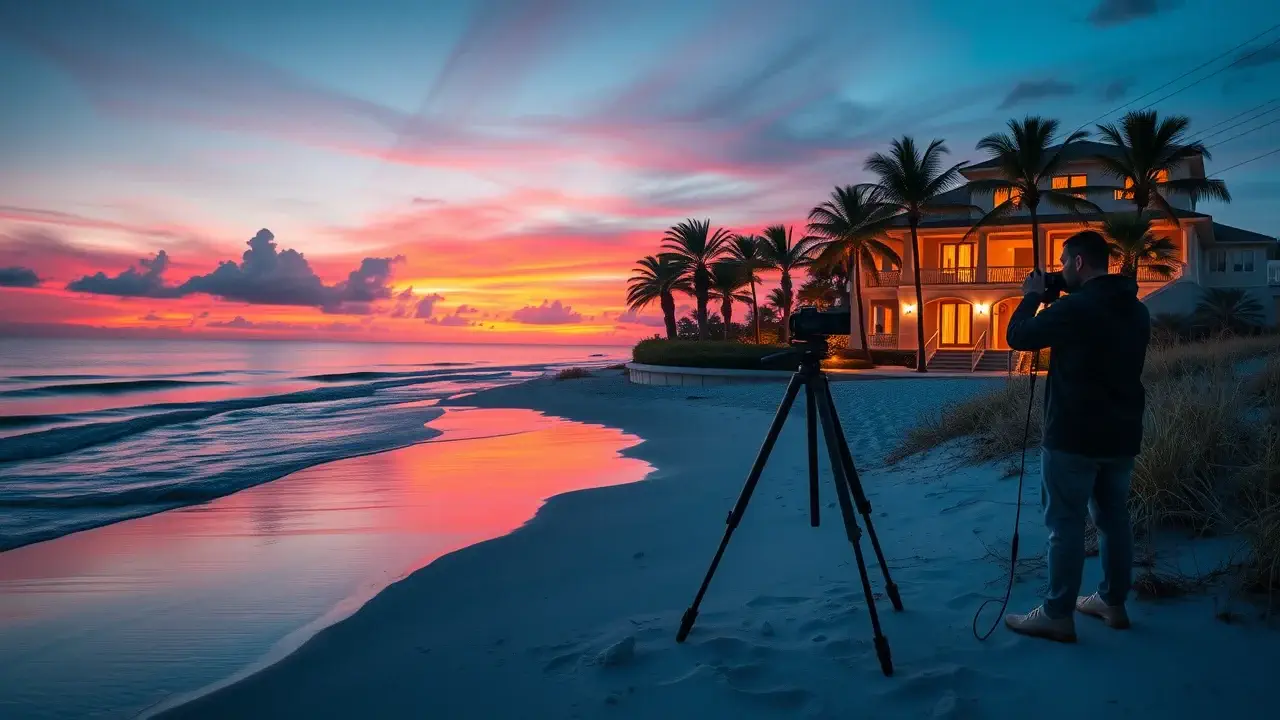 Photographer on sandy Gulf Coast beach capturing vivid sunset, inspiration, reflection wet sand, beach photography session, twilight Photographer on sandy Gulf Coast beach capturing vivid sunset, inspiration, reflection wet sand, beach photography session, twilight
