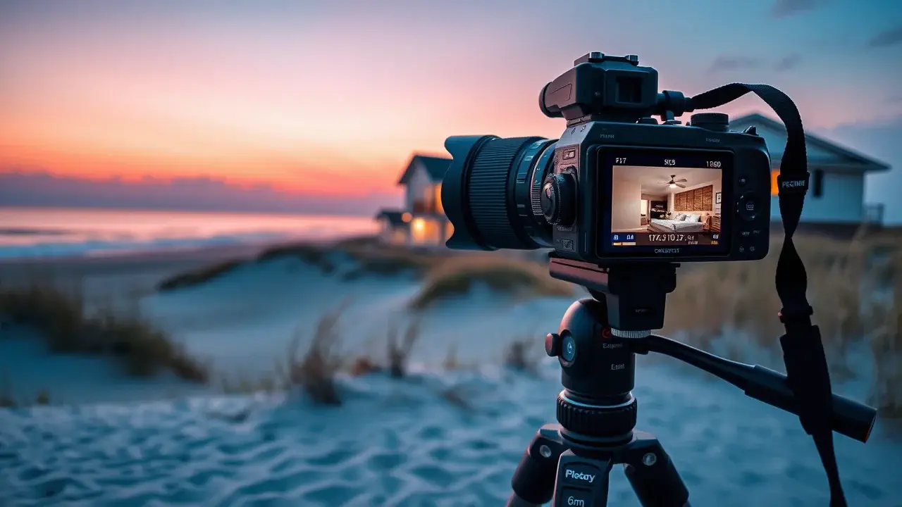 Professional camera and tripod setup focused on dramatic Gulf Coast sunset, beach twilight photography gear, alabama, florida Professional camera and tripod setup focused on dramatic Gulf Coast sunset, beach twilight photography gear, alabama, florida