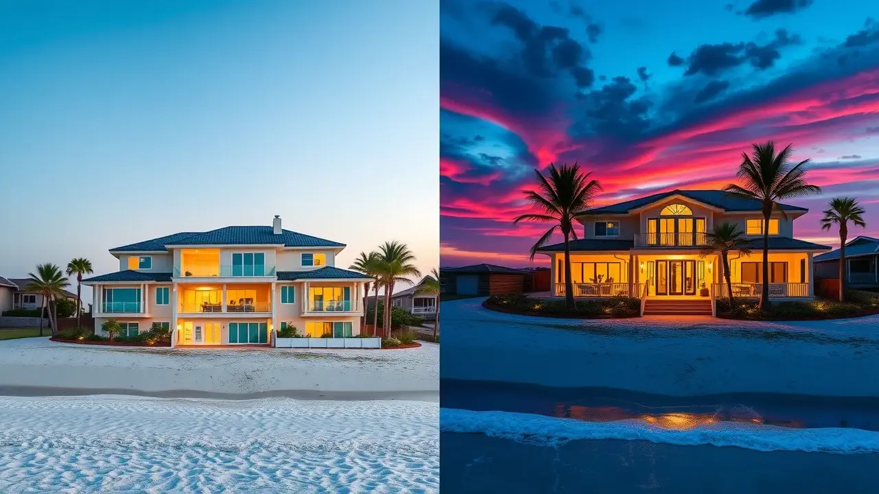 Side-by-side shoreline views, Alabama white sand with dunes and pier versus Florida silky sand with emerald waters, twilight Side-by-side shoreline views, Alabama white sand with dunes and pier versus Florida silky sand with emerald waters, twilight