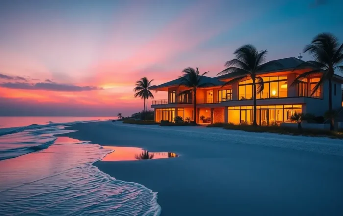Vibrant Gulf Coast beach landscape at twilight, pristine white sand, glowing pink orange purple sky, soft waves, photorealistic, high texture quality, alabama, florida, gulf coast twilight photography